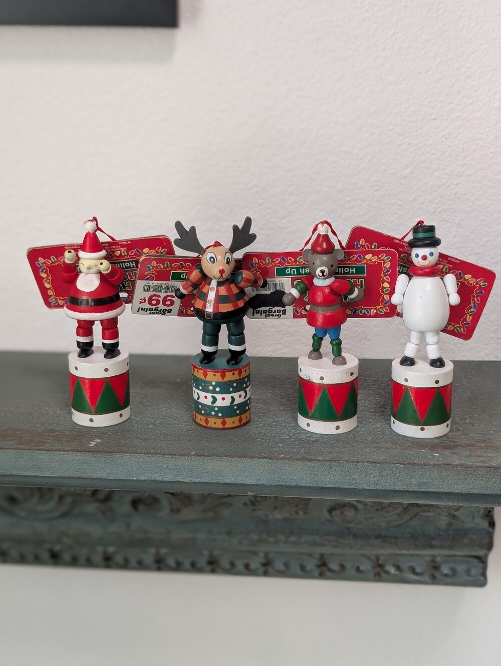 Lot of 4 Wooden Figures Push Button Collapsing Puppet Christmas Toy Ornaments